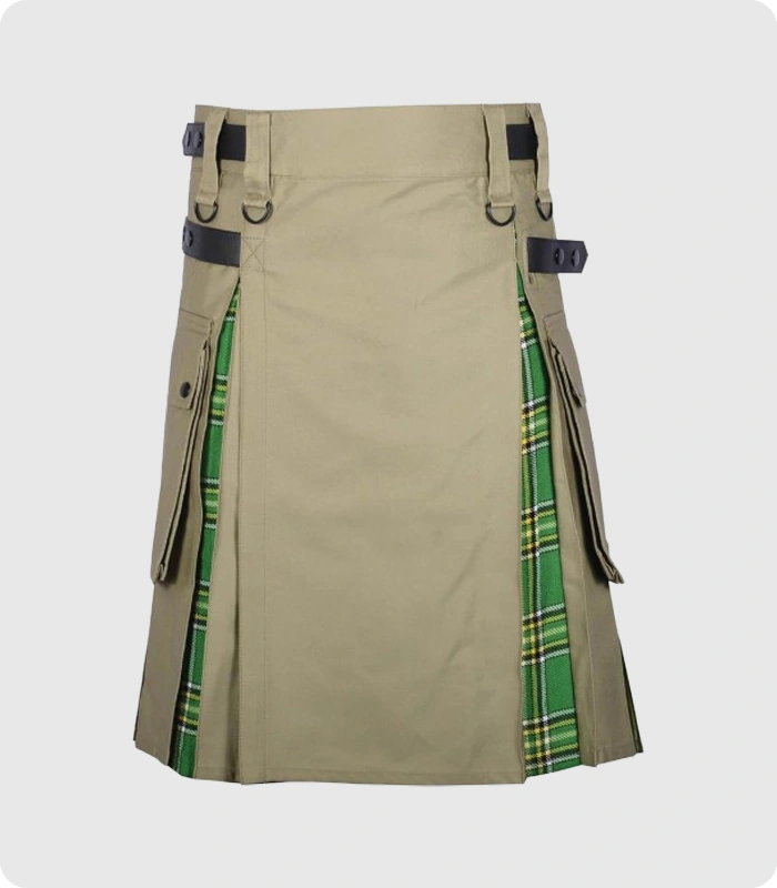 Khaki Cotton Irish Tartan Scottish Utility Cargo Hybrid kilt