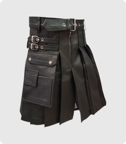 Men Genuine Black Leather Gladiator Pleated Utility Larp Kilt