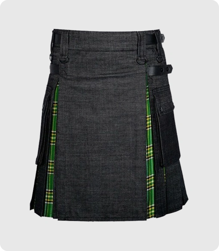 Balck Denim Irish Tartan Scottish Utility Cargo Hybrid kilt