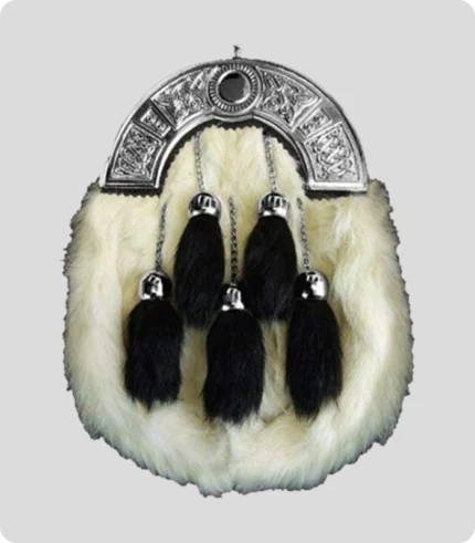 White Rabbit Fur Sporran With 5 Black Fur Tassels